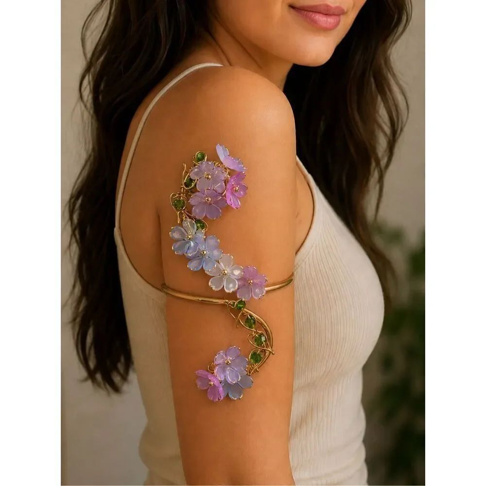Enchanted adjustable gold tone floral arm cuff whimsical fairy core blossom flow